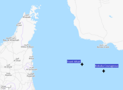 Karte der Straße von Oman mit ungefährer Position zweier Öltanker am 13 Juni 2019 gegen 0800 UTC.png