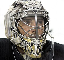 Photograph of goaltender Marc-Andre Fleury waering his face mask