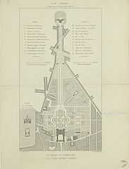 Plan d'ensemble comprenant le palais et le jardin du Luxembourg, l'Observatoire et ses jardins, après les modifications du palais pour accueillir le Sénat et extension du jardin au sud. Dessin par Alphonse de Gisors, contemporain des travaux, dirigés par celui-ci.