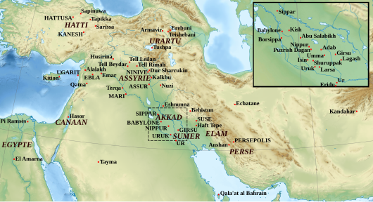 Carte montrant les principaux sites de cunéiformes, répartis largement sur le Proche-Orient mains surtout concentrés en Assyrie et en Sumer-Akkad