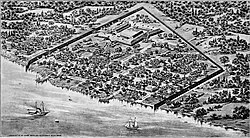 Oblique aerial drawing of Fort Detroit in 1818, surrounded by timber stockade