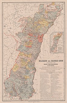 Carte ancienne représentant diverses limites administratives représentées par différentes couleurs.