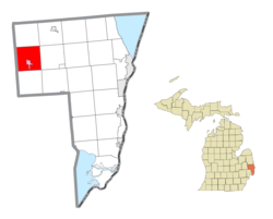 Location within St. Clair County (red) and the administered village of Capac (pink)