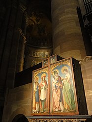 Vue du retable fermé, Peintures (St-Corneille, St-Pancrace, St-Nicolas, Ste-Catherine)