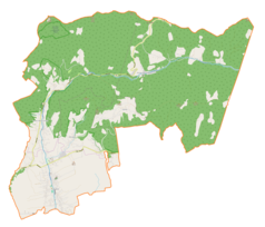 Mapa konturowa gminy Łękawica, na dole po lewej znajduje się punkt z opisem „Łękawica”