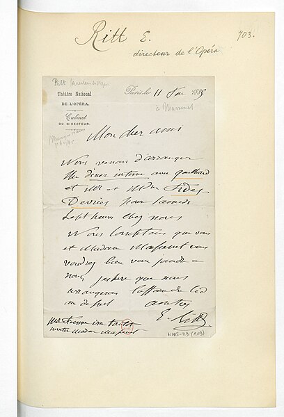 File:1 lettre d'Eugène Ritt à Jules Massenet, 11 février 1885 (manuscrit autographe) - btv1b53106343p.jpg