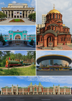 Clockwise: Alexander Nevsky Cathedral, the Circus, the Trade House, the Children's Railway, the Railway station, the Opera and Ballet Theater