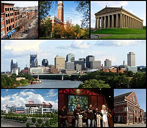 Ylävasemmalta: 2nd Avenue, Kirkland Hall Vanderbiltin yliopistolla, Parthenon, Nashvillen skyline, LP Field, Dolly Parton esiintymässä Grand Ole Opry -countrymusiikkiohjelmassa ja Ryman Auditorium.