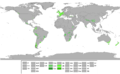 Reparticion mondialas dei climas oceanics : subtropicau freg ò de monson (Cwb), temperat (Cfb), subpolar (Cfc) e subpolar freg ò de monson (Cwc).