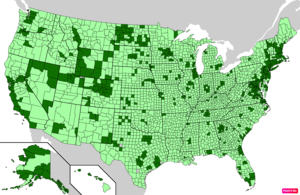 Counties in the United States by median nonfamily household income according to the U.S. Census Bureau American Community Survey 2013–2017 5-Year Estimates.[258] Counties with median nonfamily household incomes higher than the United States as a whole are in full green.