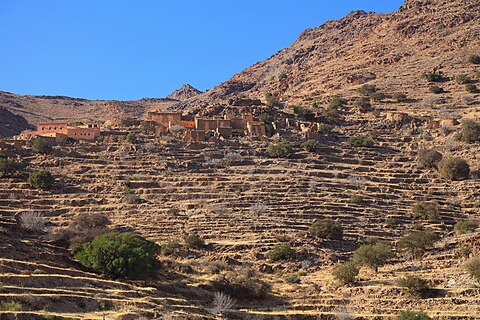 Agricultural terraces in Anti-Atlas mountains near Tafraout, Tiznit Province, Morocco.