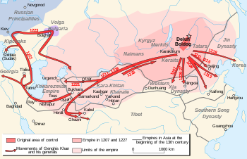 Peta kampanye Mongol di Asia Tengah antara 1216 dan 1223.