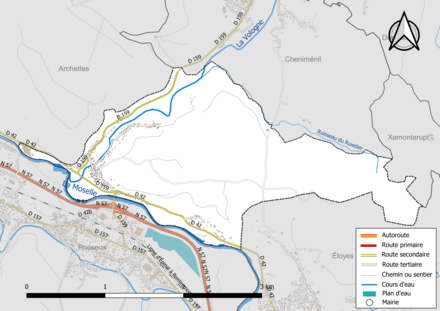 Carte en couleur présentant le réseau hydrographique de la commune