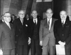 Celebration of UNESCO's 25th anniversary. Left to right, five Directors-General.png