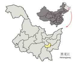 Lokasi Kota Qitaihe (kuning) di Heilongjiang (abu-abu muda) dan Tiongkok