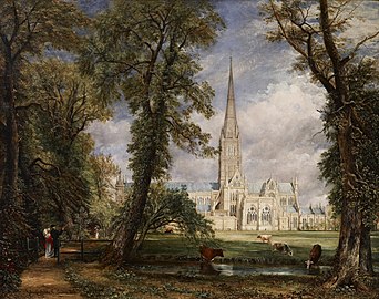 『主教の庭から見たソールズベリー大聖堂』(Salisbury Cathedral from the Bishop's Grounds)（1825年頃）ニューヨーク・フリック・コレクション所蔵。コンスタブルは、この絵を依頼したソールズベリー主教ジョン・フィッシャーへの感謝の気持ちを込めて、主教とその妻を左下に描いている。