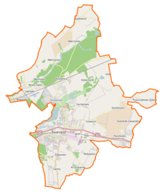 Mapa konturowa gminy Swarzędz, u góry znajduje się punkt z opisem „Karłowice”