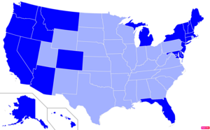 States in the United States by non-Christian (e.g. Non-religious, Jewish, Muslim, Hindu, Buddhist) population according to the Pew Research Center 2014 Religious Landscape Survey.[241] States with non-Christian populations greater than the United States as a whole are in full blue.