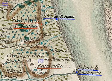 Le port de Saint-Julien et celui de Beychevelle figurent sur la carte de Cassini, vers 1750.