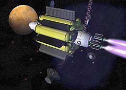 Vue d'artiste d'un vaisseau interplanétaire à propulsion magnéto-plasmique à impulsion spécifique variable.