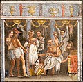 Image 5All-male theatrical troupe preparing for a masked performance, on a mosaic from the House of the Tragic Poet (from Roman Empire)