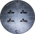 Front side of a four family die. For reference, the die is 228 mm (9.0 in) in diameter.