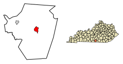 Location of Burkesville in Cumberland County, Kentucky.