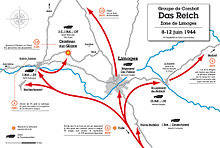 Carte en couleurs du déploiement de la 2e division SS « Das Reich » dans la zone de Limoges