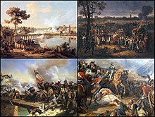 A series of 4 colored paintings of the campaign arranged in a square pattern. Clockwise from top left: scene of the Battle of Lodi, surrender of the Austrian troops in Mantua, Napoleon at the Battle of Rivoli and the Arcole Bridge