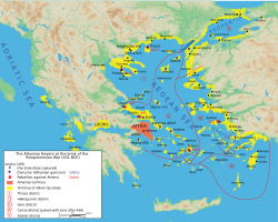 Liga Delos ("Empayar Athens") dalam warna kuning, kawasan Athens dalam warna merah, 431 SM, sebelum Perang Peloponnesia.