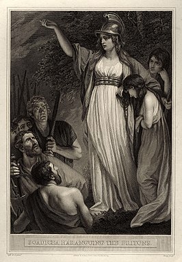 Gravure naar het werk "Boadicea spreekt de Britten toe" van John Opie William Sharp, 1793.