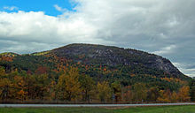 A relatively flat-topped mountain rising in the background. The trees near its base have some leaves in fall color. There is a roadway at the bottom, in the foreground.