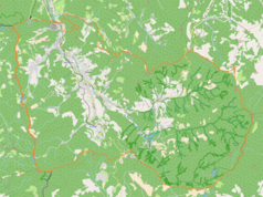 Mapa konturowa miasta Wisła, w centrum znajduje się punkt z opisem „Skocznia narciarskaim. Adama Małysza”