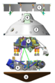 Skemo de la sondilo 1:Vojaĝa etaĝo 2: Malantaŭa ŝirmilo 3:Malsuprenira etaĝo (Sky Crane, eo "Ĉiela Gruo") 4: Kosmaŭto Perseverance 5: Antaŭa varm-ŝirmilo, 6: Paraŝuto