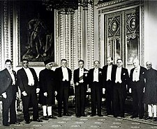 Prime ministers of the Commonwealth with King George VI (5th fr left), London 13 October 1948; Don Stephen Senanayake, Ceylon (2nd fr left); Liaquat Ali Khan, Pakistan (3rd fr left); Clement Attlee (UK, 5th fr right) and Jawaharlal Nehru of India (far right).[62]