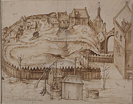 Het verwoeste Tolhuis in Tiel. Anonieme tekening uit 1563, gemaakt in opdracht van het Hof van Gelre.