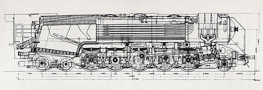 Dessin du projet de la locomotive type 152 vue en coupe longitudinale.