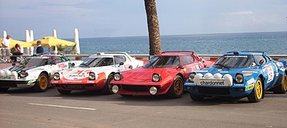 4 Lancia Stratos HF au Rallye Costa Brava 2008, dont une Chardonnet à droite (Lloret de Mar).