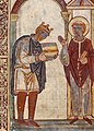 Image 75Frontispiece of Bede's Life of St Cuthbert, showing King Æthelstan presenting a copy of the book to the saint himself. c. 930 (from History of England)