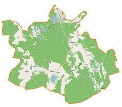 Mapa konturowa gminy Bobrowice, na dole znajduje się owalna plamka nieco zaostrzona i wystająca na lewo w swoim dolnym rogu z opisem „Jańsko”