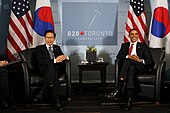 President Lee Myung-bak and Barack Obama in June 2010