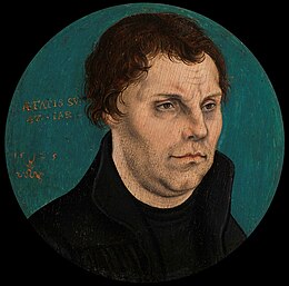 Portrait of the Protestant Reformer Martin Luther, dressed in black, with black and blue background