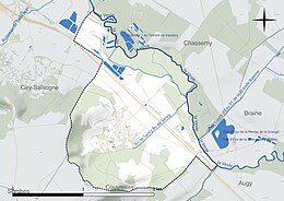 Carte en couleur présentant le réseau hydrographique de la commune