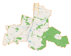 Mapa konturowa gminy Rozprza, blisko lewej krawiędzi na dole znajduje się punkt z opisem „Biała Róża”