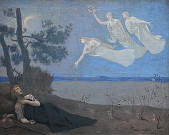 Tableau représentant un homme dormant dans un décor désertique, sous la Lune. Trois femmes fantomatiques apparaissent dans le ciel, l'une tend une couronne de lauriers, les deux autres sèment des pétales de fleurs.