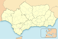 Mapa konturowa Andaluzji, po lewej znajduje się punkt z opisem „Almonte”