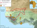 Image 8The Mali Empire in 1337 CE, with major gold fields, of Bambuk, Bure, Lobi (tended by the Gan and later Lobi people), and Akan, and trade routes, outlined. The desert should extend further south to Koumbi. The Mossi Kingdoms are located north of Lobi. (from History of Africa)