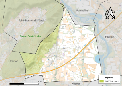 Carte de la ZNIEFF de type 2 sur la commune.