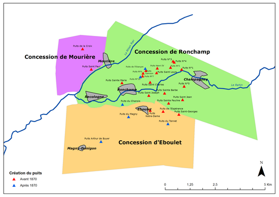 Une petite concession au nord-ouest (Mourière) avec deux puits, une grande concession au nord où se trouvent tous les puits anciens entre Ronchamp et Campagney ; une autre grande concession au sud comprenant surtout des puits récents creusés autour d'Éboulet et de Magny-Danigon.