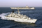 Naval blockade by British frigate HMS Cumberland (here pictured with USS Dwight D. Eisenhower in view)